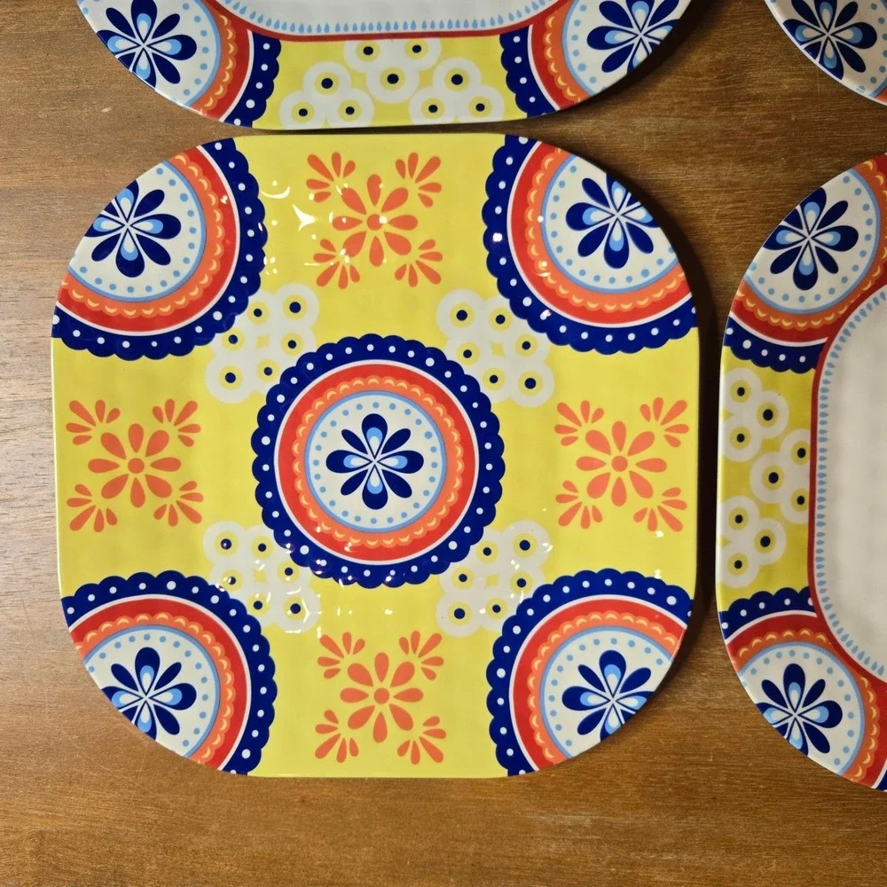 QSquared Melamine Square Plates Set‎ of 4 Yellow Blue Boho Medallion Summer Fun